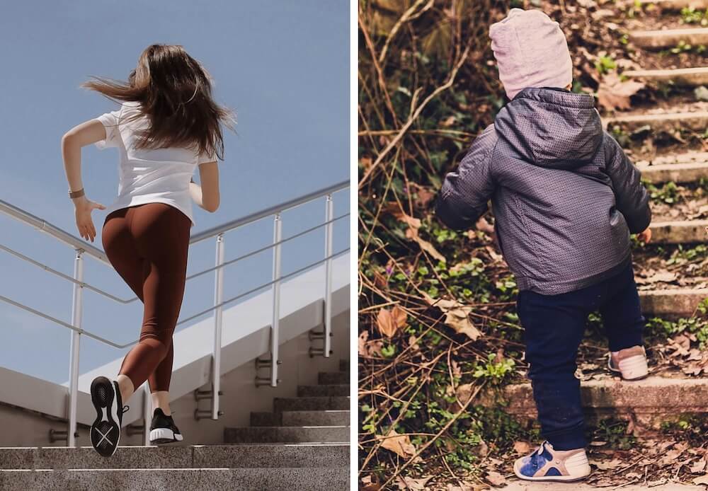 Viel Leistung: Die junge Frau verrichtet viel Hubarbeit in kurzer Zeit. Wenig Leistung: Das kleine Kind hebt seine viel kleinere Masse an und braucht viel Zeit.