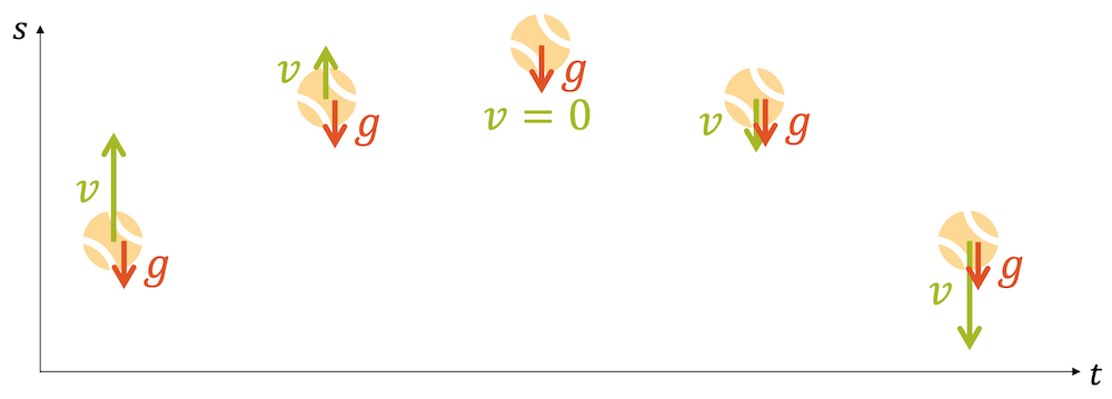 Senkrechter Wurf eines Balls über die Zeit: Die anfängliche Geschwindigkeit wird durch die Erdbeschleunigung abgebaut, bis zum kurzzeitigen Stillstand, mit anschliessender Beschleunigung nach unten.