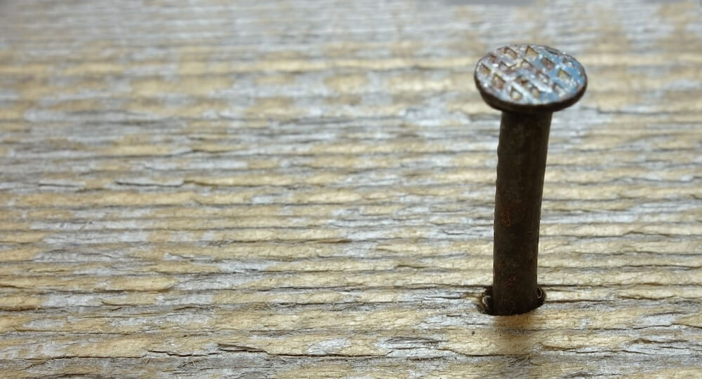 Die Haftreibung hält den Nagel im Holz fest. Nur mit viel Kraft kann sie mit einer Beisszange überwunden und der Nagel herausgezogen werden.