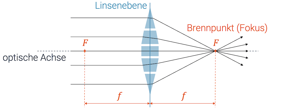 Prinzip der Sammellinse: Wir können uns eine Anordnung von Prismen vorstellen, die mit Brechung die Strahlen zum gleichen Brennpunkt führen